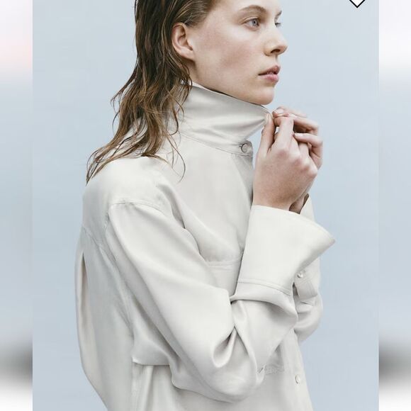 New H&M Pompette Gray Dusty Light Silk Blend Utility Shirt Size XL Oversized - Picture 4 of 14